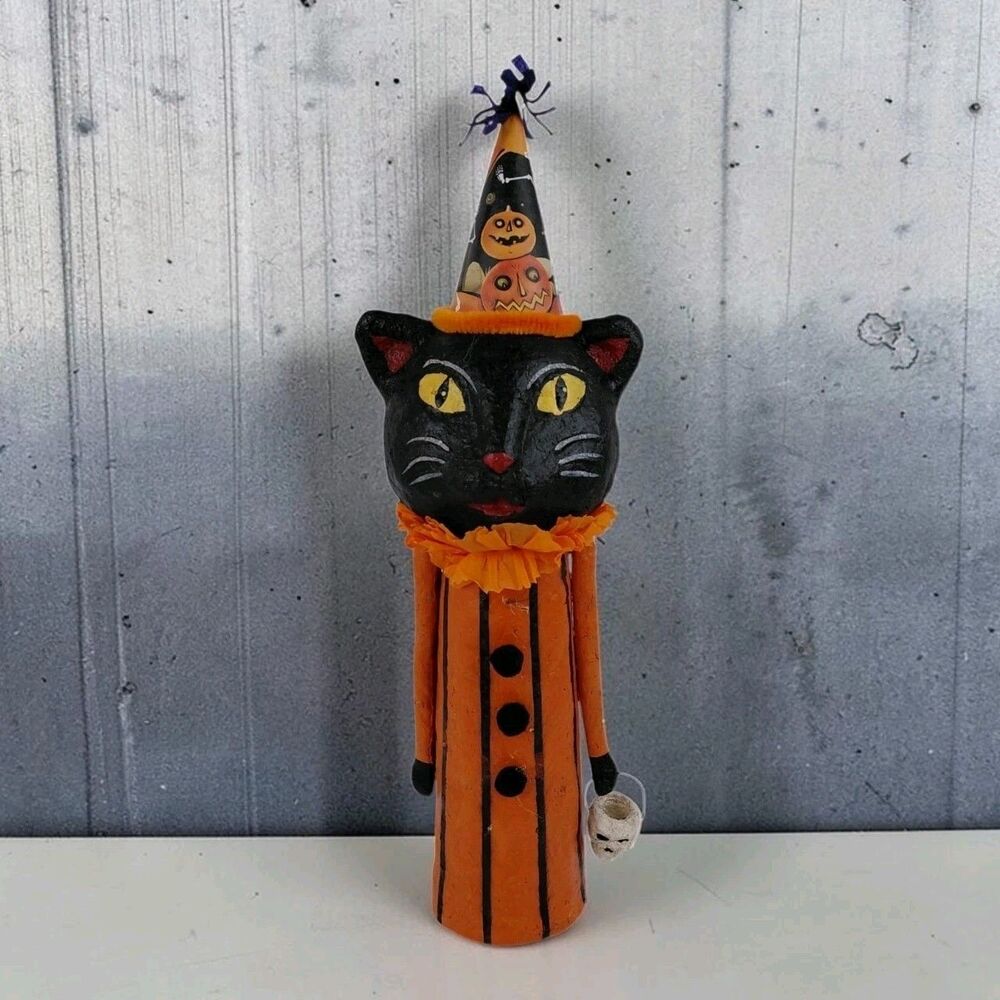 Halloween Primative Black Cat Orange Figurine Party Hat Skeleton Bucket Folk Art
